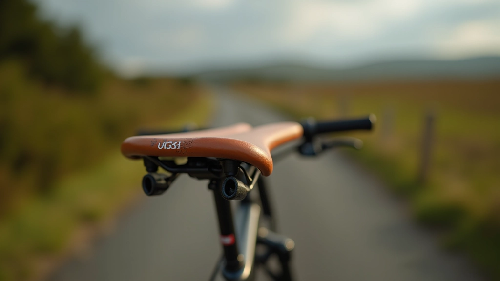 Comfortable cycling saddle on hybrid bike seat, close-up detail view
