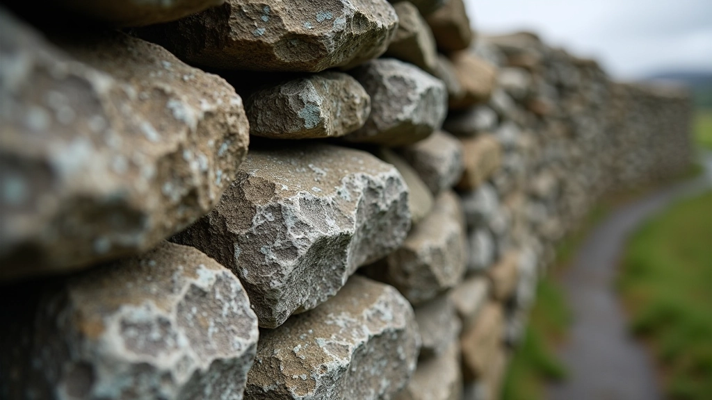Close-up detail of dry stone wall construction showing how rocks are fitted together without mortar