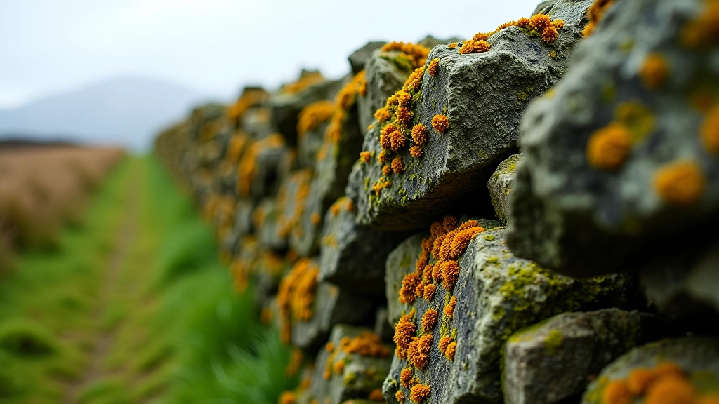 Mossy lichen-covered dry stone wall showing age and weathering, with grass and vegetation around base
