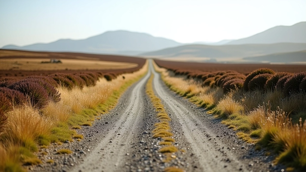 Hard-packed earth bog road in dry conditions showing compacted soil surface with visible tire tracks, moorland vegetation on sides