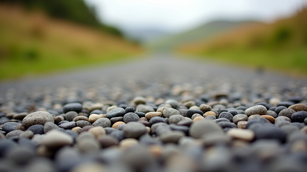 Close-up of loose gravel bog road surface with tire tread visible, showing typical texture and loose stones scattered across ground