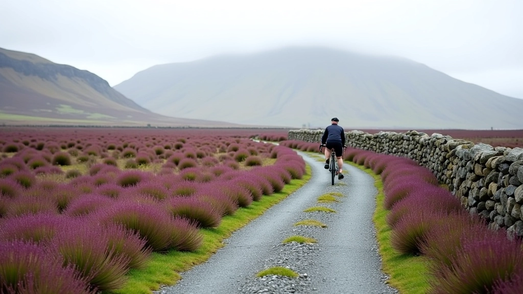 Winding dirt path through purple bog heather with dry stone walls visible in distance, Connemara landscape