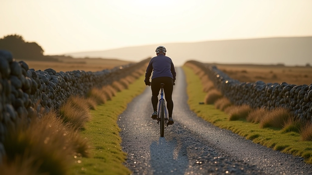 Cyclist riding on rocky bog road with low stone walls and moorland stretching to horizon, peaceful rural setting