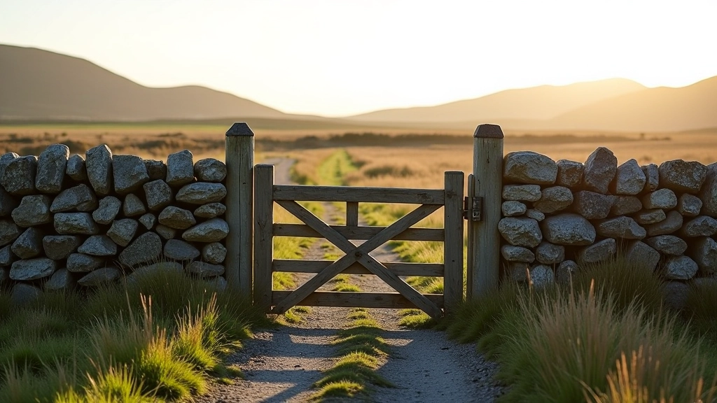 Dry stone wall with a wooden gate built into it for farm access across bogland